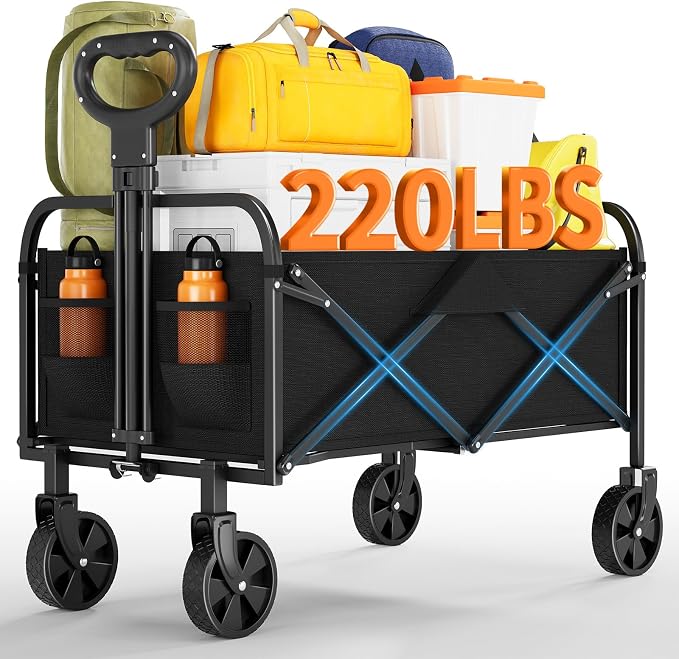 Garvee Wagons Carts Foldable, Garvee Utility Collapsible Wagon with All-Terrain Wheels, Drink Holders & Adjustable Handle, 220 LBS Portable Grocery Wagon for Shopping, Camping, Garden -Black