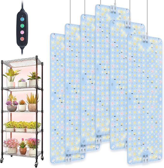 6Pack 2026 Ultra-Thin Panel Grow Lights for Seed Starting, Vegetables, Greenhouse & Under Cabinet & Shelf Plants with Timer 4/8/12/16/20H, Free Connect Full Spectrum Indoor LED Plant Growing Lamps