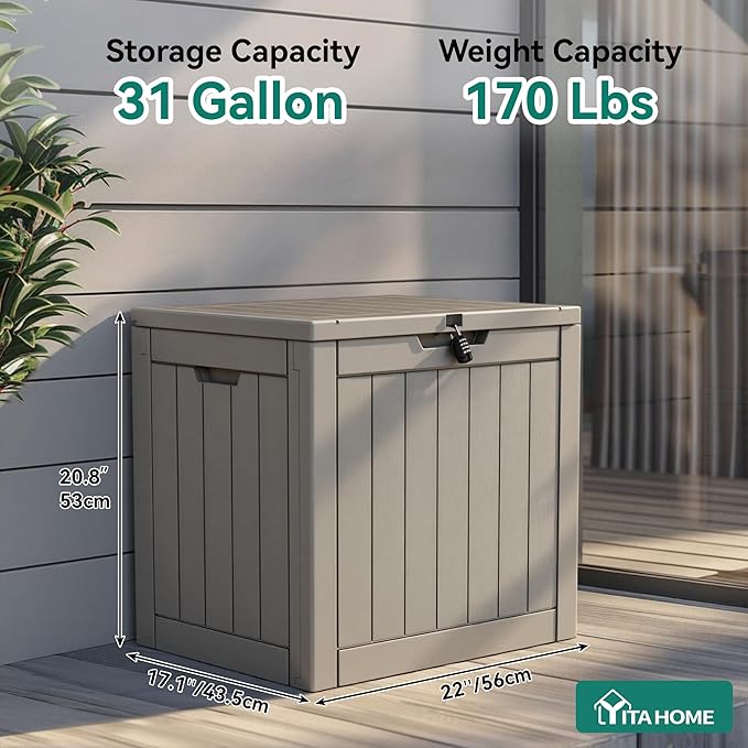 YITAHOME 30 Gallon Deck Boxes 2 Pack, Waterproof Outdoor Storage for Cushions, Tools & Pool Accessories, Resin Package Delivery for Patios, Gardens & Decks, Taupe