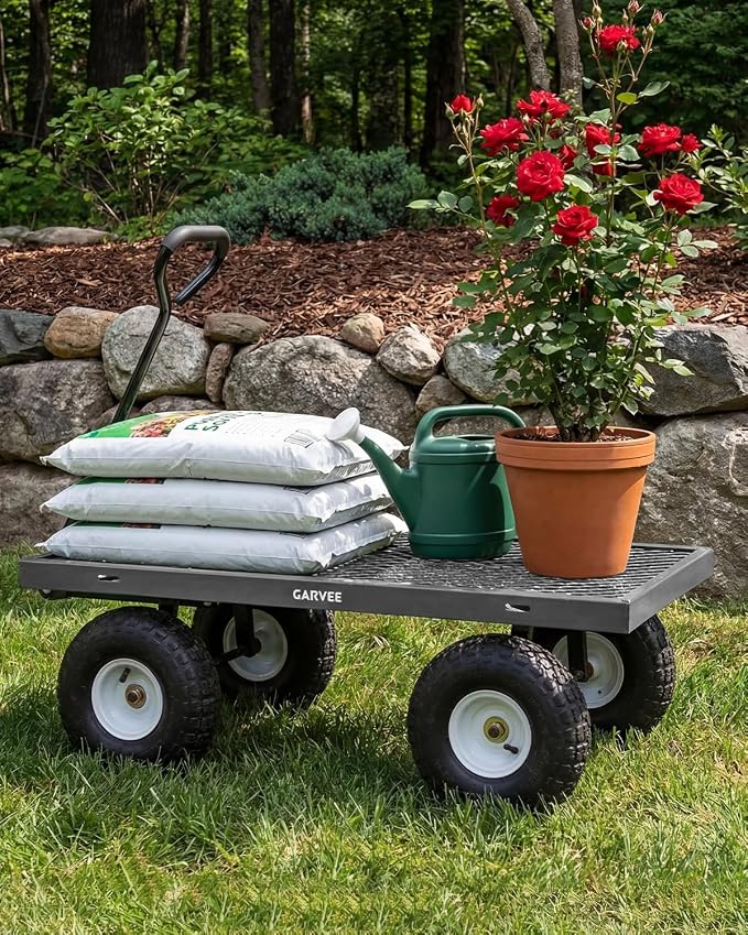 Garvee Versatile Outdoor Utility Cart-800LBS Heavy-Duty, 10" All-Terrain Pneumatic Tires, Easy Maneuverable Lawn Cart with Removable Mesh Panels for Gardening&Landscaping, Grey, with Waterproof Liner