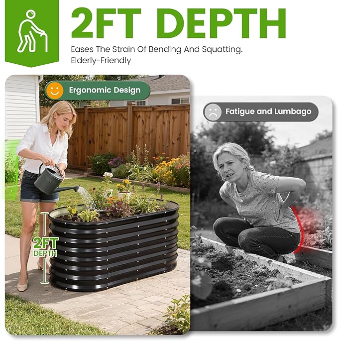 Galvanized Raised Garden Bed Outdoor 24'' Deep | Oval Metal Garden Beds with Easy Assembly & Planter Box for Planting Deep Root Vegetables Fruits Flowers, 4x2x2ft Grey 2pcs