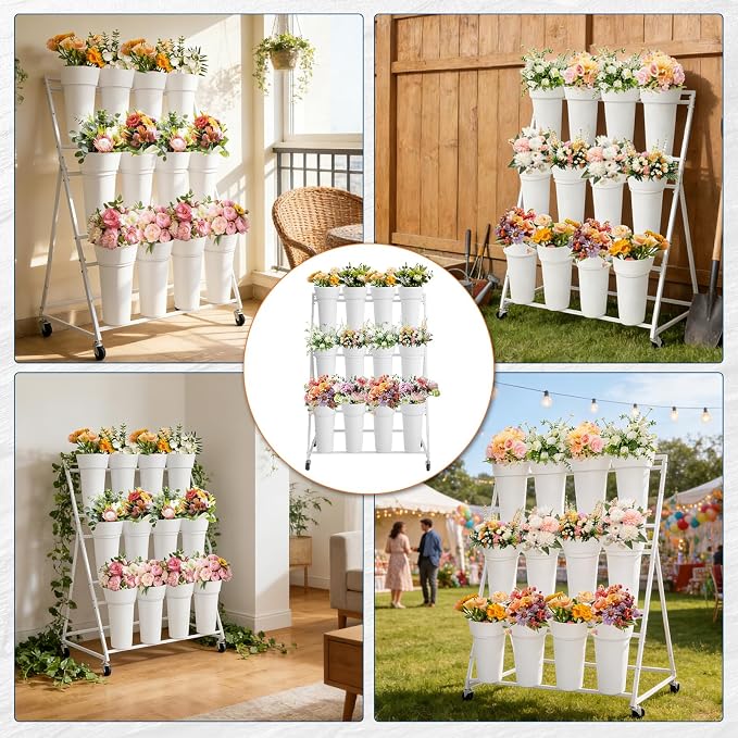 GarveeLife 3-Tier Metal Flower Display Stand with 12 Removable Round Buckets and Wheels, Mobile Flower Cart for Indoor Outdoor Patio Garden Wedding Flower Shop，White