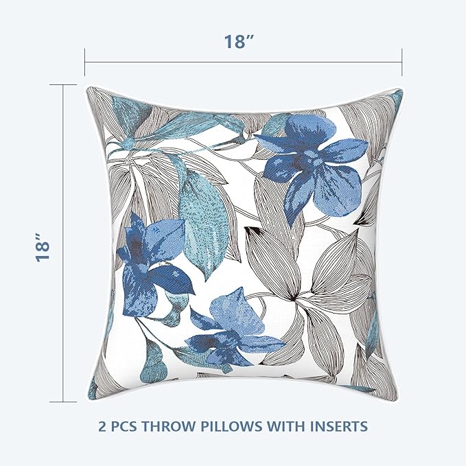 LVTXIII Outdoor/Indoor Throw Pillows, Decorative Patio Accent Pillows, Fluffy Water Repellent Garden Cushions for Home Patio Coach Sofa Use, 18×18 Inch, Pack of 2, Clemens Noir Blue