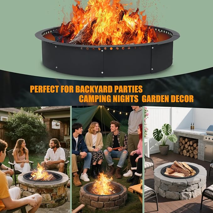 36 Inch Smokeless Fire Pit Ring, Heavy Duty Steel Fire Pit Ring Insert with Air Vent Design, 40 Inch Outer Diameter Round Fire Ring for Outdoor Wood Burning, Backyard, Patio, Garden & Camping