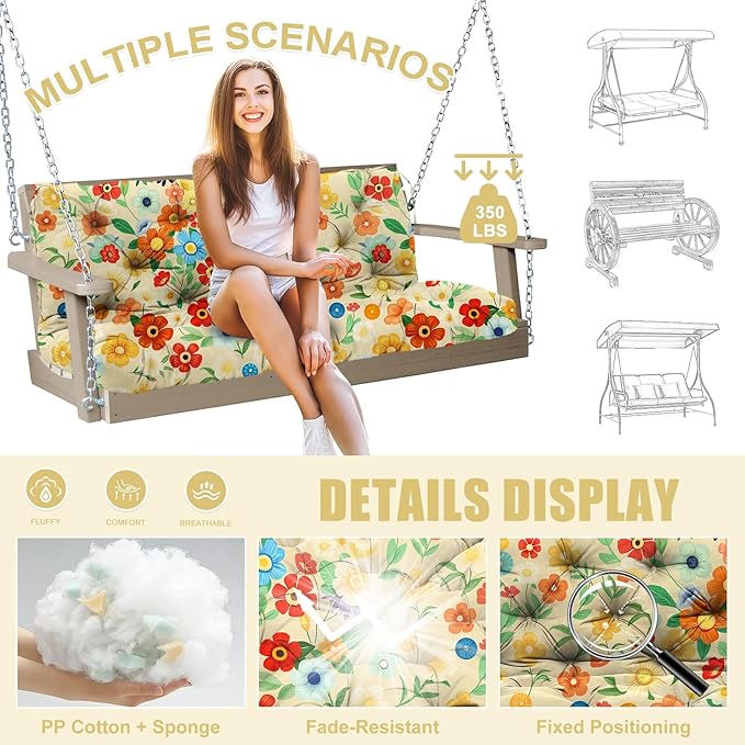 Porch Swing Cushions Outdoor 48 inch x 40 Waterproof Swing Cushions 3 Seater Replacement with Backrest & 8 Ties 5" Thick Bench Swing Cushions for Outdoor Furniture Patio(Floral Pattern)