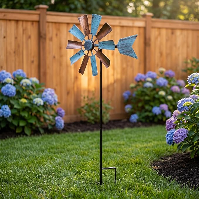 BinaryABC Outdoor Yard Windmill Metal Wind Spinner,Wind Sculptures Spinners Yard Decor Pinwheel,for Garden Yard Lawn Patio Decoration (Retro Two-Color)
