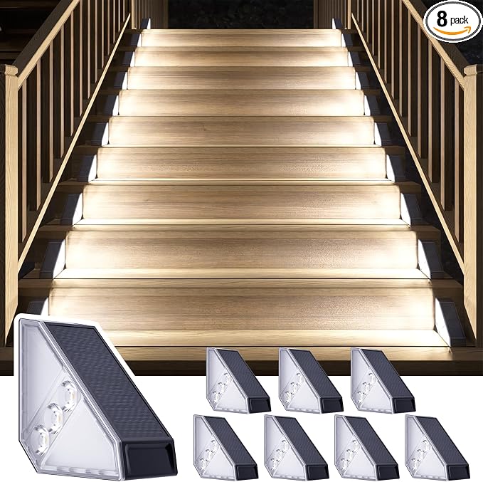 ROSHWEY Solar Step Lights for Outside Waterproof, 8 Pack Outdoor Deck Steps Lights, Triangle Solar Stair Light for Outside, Front Porch, Dock, Backyard, Path, Walkway, Patio Decor, Cool White