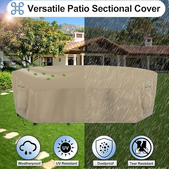 OutdoorLines Waterproof Curved Outdoor Sectional Cover - UV Resistant Windproof Patio Sectional Sofa Covers for Deck, Lawn and Backyard, Heavy Duty Furniture Covers (150Lx36Dx38Hx112FL, Camel)