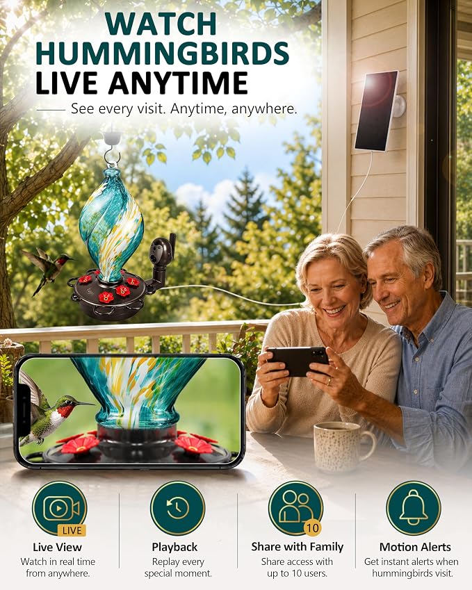 LUJII Smart Hummingbird Feeder with Camera for Outdoor Hanging, Hand Blown Glass, Solar WiFi Feeder with Live View App, 6 Feeding Ports, Leak-Resistant Design, Ant Moat & Gift Box, 28 fl oz, Teal