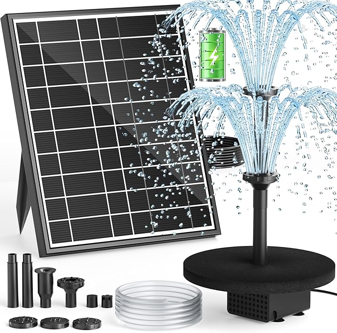 Solar Fountain Pump with Battery Backup, 7.5W Solar Water Pump Built-in 3000mAh Battery, Dual-Layer Nozzles 7+ Spray Modes & 5Ft PVC Tubing, Pond Fountain for Bird Bath Garden Water Feature