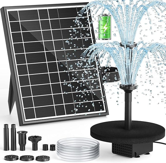 Solar Fountain Pump with Battery Backup, 7.5W Solar Water Pump Built-in 3000mAh Battery, Dual-Layer Nozzles 7+ Spray Modes & 5Ft PVC Tubing, Pond Fountain for Bird Bath Garden Water Feature
