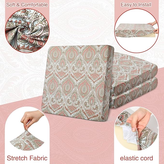 Newwiee 12 Pcs Patio Cushion Covers Outdoor Stretch Sofa Couch Cover Replacement Couch Slipcover Sofa Seat Chair Porch Patio Furniture Protector, Flexibility Washable(Red,Paisley Print)