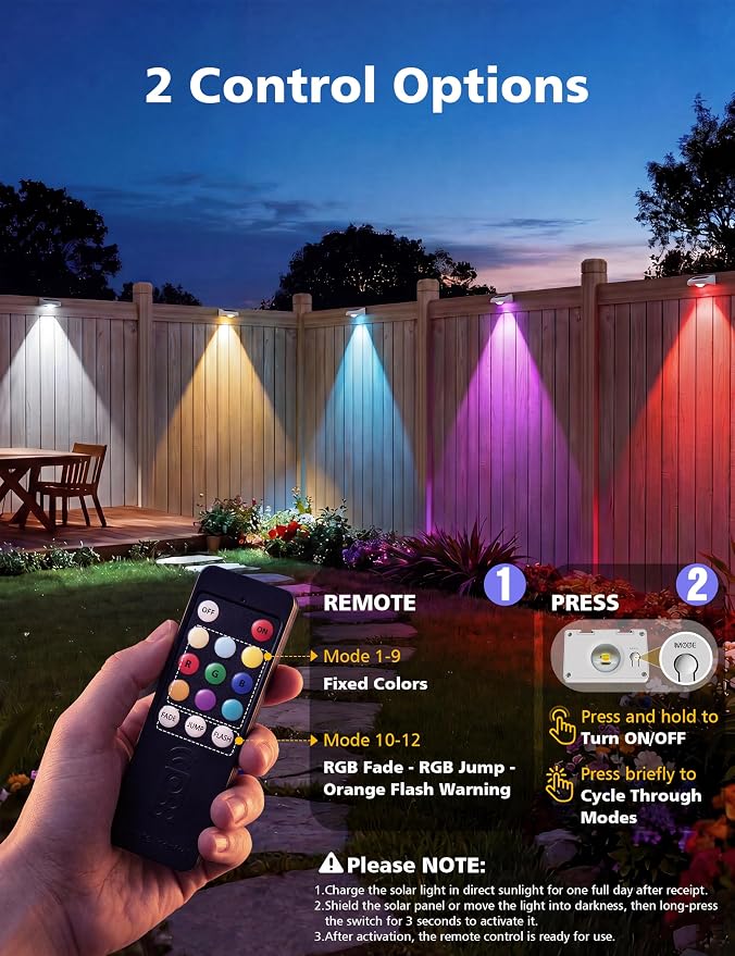 VOLISUN Solar Fence Lights with Remote Control, Fence Lights Solar Powered, IP65 Waterproof LED, RGB Color Changing Solar Light for Fence, Yard, Wall, Backyard (16 Pack,White)