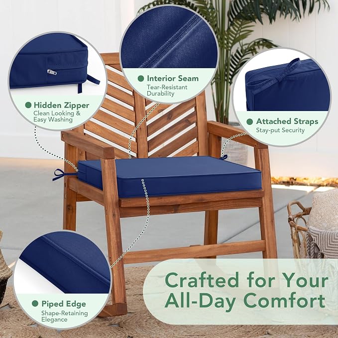 Outdoor Chair Cushions Set of 6: Waterproof & Fade Resistant Deep Seat Cushion for Patio Furniture - 24 x 24 x 3 Inch Chair Pads with Ties and Hidden Zipper - Patio Chair Cushion Replacement, Navy