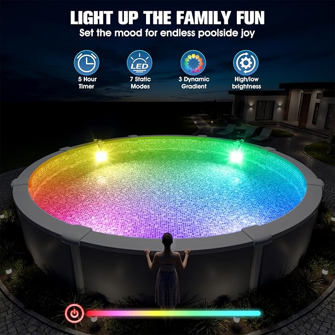 Solar Pool Light for Steel Wall Above Ground Pool Light,Submersible Pool Light with LCD Pool Thermometer,Underwater light for Pool Accessories,10 Light Modes Swimming Pool LED Lighting,1PC