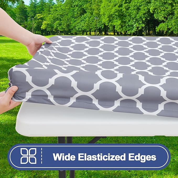 Smiry Picnic Table Cover with Bench Covers, Waterproof Elastic Fitted Tablecloth for 4 Foot Tables, Washable Polyester Tablecloths for Camping, Indoor & Outdoor (Grey, 24x48 Inch 3-pc Set)