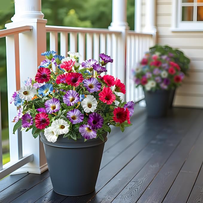 Colorful Artificial Morning Glory Flowers for Outdoor Planters, Premium UV Resistant Silk Faux Flowers for Porch, Hanging Basket & Window Box, Vibrant Garden Decor, No Pot, 13.3 Inch, 4 Bundles