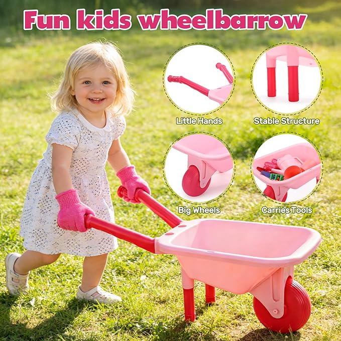 CUTE STONE Kids Gardening Tool Set, Pink Wheelbarrow with Garden Toys with Watering Can, Gloves, Hand Rake, Shovel, Trowel, Outdoor/Indoor Pretend Play Toys for Toddlers Boys Girls Age 3+