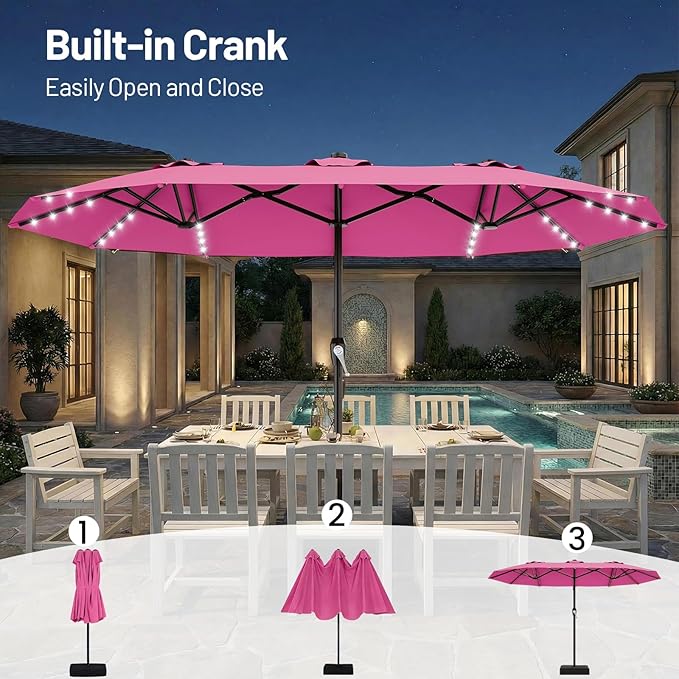 AreShark 15FT Patio Umbrella with Solar Lights, Double Sided Outdoor Table Umbrellas with Crank, Large Rectangular Market Umbrella for Porch, Lawn, Pool, Backyard, Rose Pink