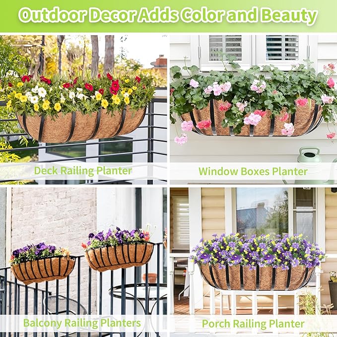Legigo 4 Pack 16 Inch Window Boxes Railing Planter Box with Coconut Liner, Balcony Railing Planter Horse Trough Deck Window Planters, Metal Railing Hanging Flower Baskets for Outdoor Porch Fence Patio