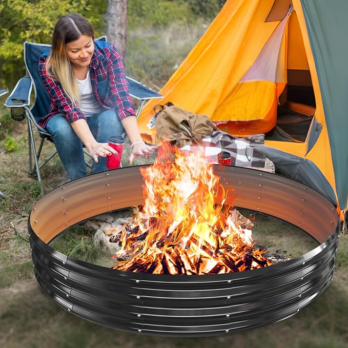 72" Extra Large Fire Pit Ring – Outdoor Wood Burning Fire Pit with 12'' Deep for Large Group Backyard Gatherings – Heavy Duty Galvanized Steel with Heat-Resistant Coating for Patio, Camping & Bonfires