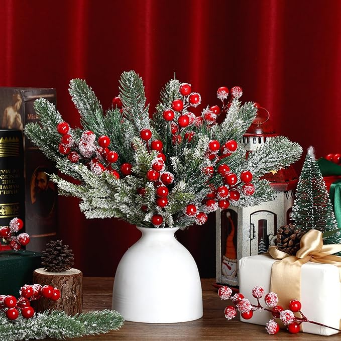Lyrow 80 Pieces Christmas Snowy Pine Tree Picks Artificial Berry Stems Sprays Faux Cedar Pine Needles Branches for Holiday Arrangement Wreath DIY Garland Holiday Decor Winter Greenery (Red)