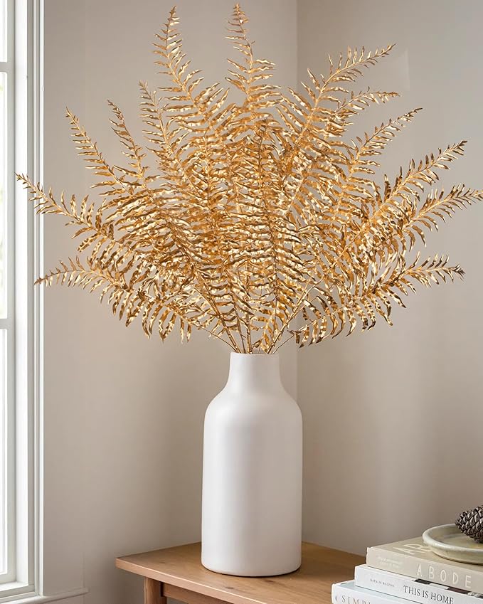 GnFlus 30” Artificial Gold Ferns Leaves Stems Christmas Long Branch 3Pcs Fake Leave Flower Tall for Christmas Tree DIY Xmas Wreath Garland Arrangment Vase