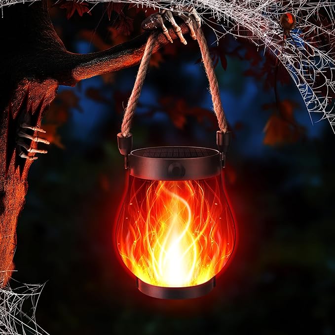 iBaycon 1 Pack Solar Lanterns Lights, Halloween Flickering Flame Garden Lights with 2 Modes Dual Charging USB & Solar, Outdoor Waterproof Hanging Lantern for Party Holiday Halloween Decor (Red)