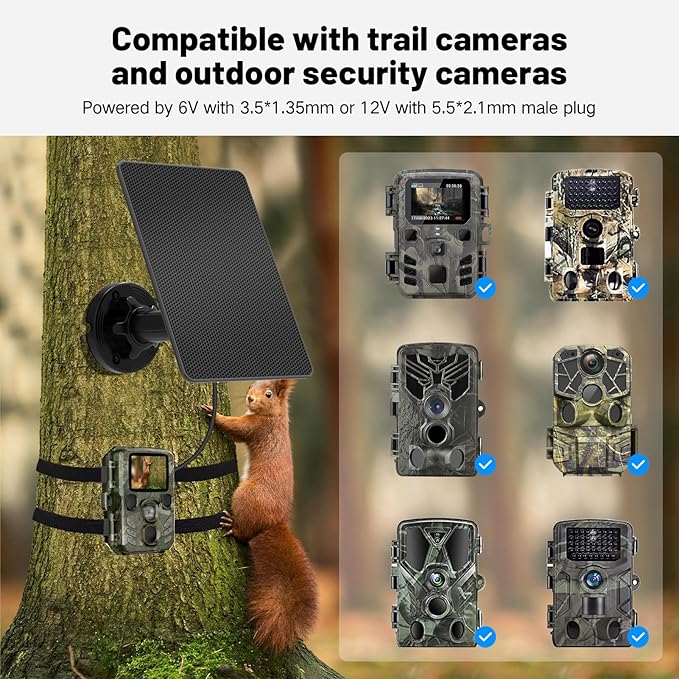 Trail Camera Solar Panel, Built-in 5000mAh Rechargeable Battery Solar Panel for Trail Camera- Type C/5V DC/6V for Continuous Charging of Hunting Cameras, IP66 Waterproof Solar Charger for Outdoor Use