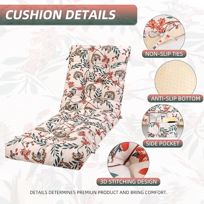 Patio Chaise Lounge Cushions, 68"x21"x4.5" Waterproof Replacement Beach Pool Lawn Outdoor Lounge Chair Cushion with Pocket, Non-Slip Bottom & Secure Ties for Outdoor Furniture, Flower Red