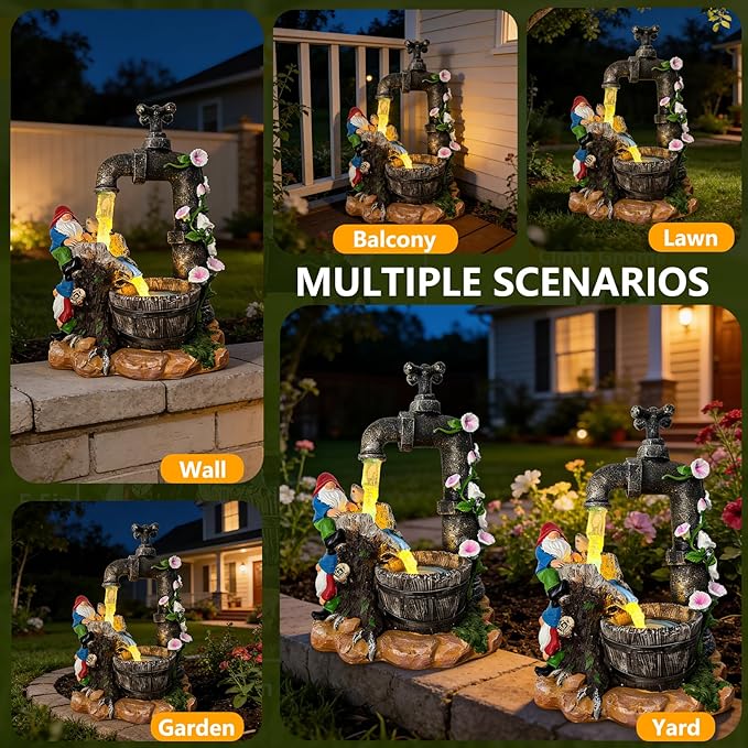 Solar Garden Gnomes Statues Outdoor Yard Decorations, 10" Resin Fountain Gnome Outside Christmas Art Decor for Lawn Patio Porch Backyard,Unique Housewarming Gifts for Women Mom Grandma