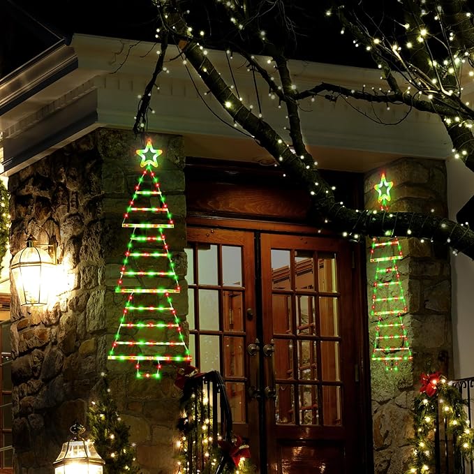 LED Christmas Lights Outdoor,4.6ft 189 LED Christmas Tree Ladder Light with Star Topper 8 Modes Christmas Decorations Lights for Indoor Outdoor, Window, Garden, Home, Wall, Xmas Tree Decor-Red &Green