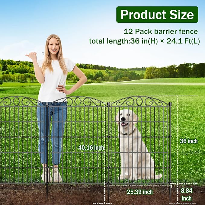12 Panel Garden Fence with Gate - 36in H x 24.1 ft L, No Dig Rustproof Metal Tall Animal Barrier for Dogs Rabbits, Decorative Outdoor Border for Yard, Patio, and Flower Beds