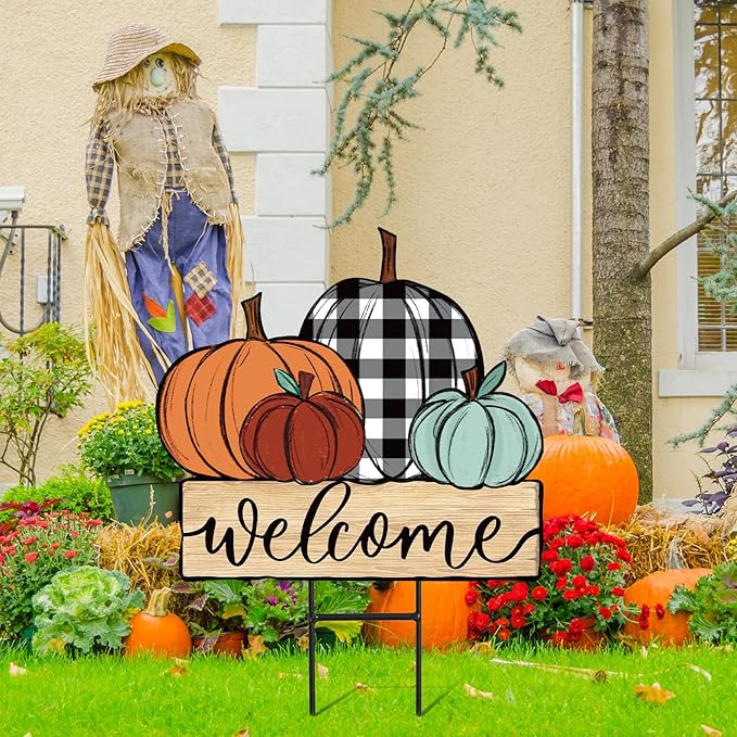 JarThenaAMCS Fall Pumpkin Metal Garden Stakes Farmhouse Rustic Pumpkin Decorative Lawn Sign Autumn Harvest Welcome Yard Sign for Thanksgiving Home Outside Lawn Porch Decor