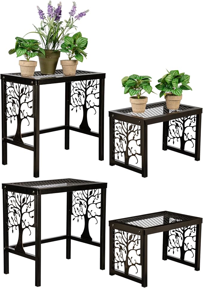 Evergreen Garden Nesting Plant Stands Indoor/Outdoor, Metal Plant Stand for Patio, Porch, Garden, Corner Plant Stands for Indoor Plants (Tree of Life, Set of 4)