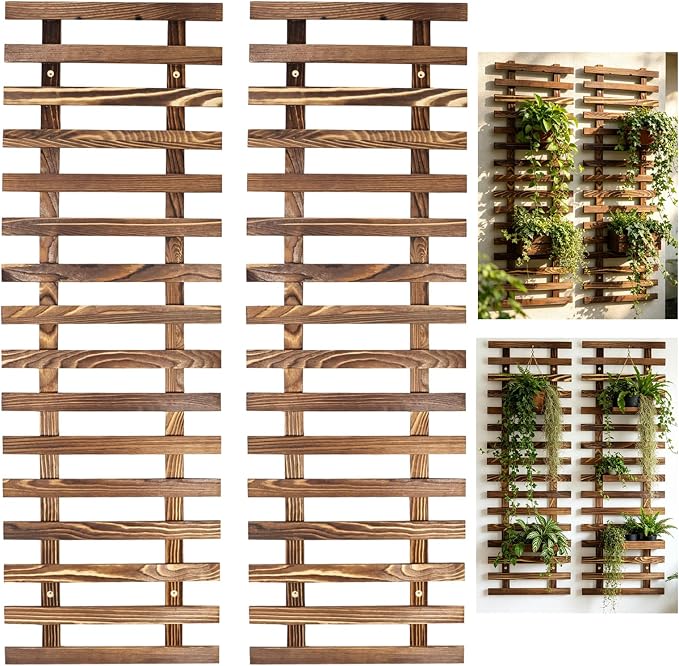 2 Pcs Wall Planter for Indoor Outdoor Plants - Wooden Wall Amounted Plant Holder for Hanging Pots, Vertical Pack Wood Garden Trellis for Climbing Plants Orchid Ivy Vine Rose Patio Home Decor, 35.43"