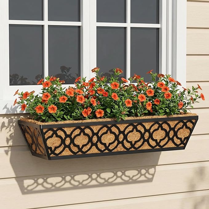 Y&M Window Boxes Horse Trough with Coconut Coir Liner, 24 Inch Window Deck with Coco Liner, Fence Metal Hanging Flower Planter Window Basket Deck Railing Planter Boxes (Flower 24in 2P)