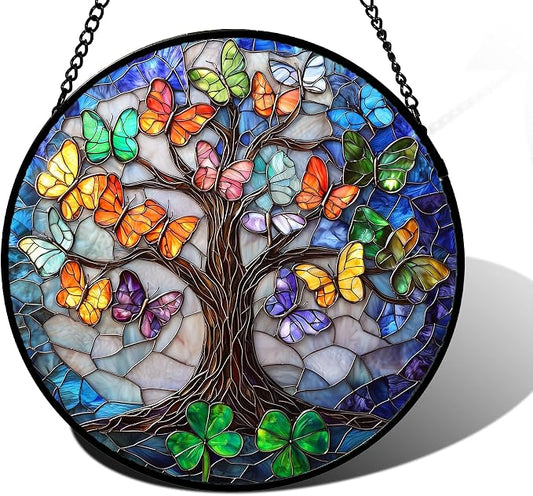 DASTOLL Stained Glass Window Hanging, Butterfly Tree Clover Sun Catchers Glass Panel Blue Suncatcher Decor for Birthday for Women, Men, Wife, Aunt, and Mom 11.8x11.8 in