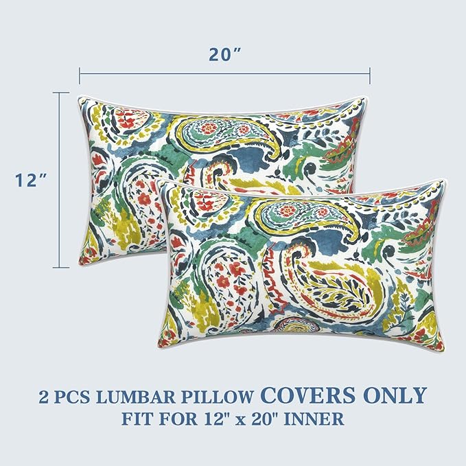 LVTXIII 2 Pack Outdoor Lumbar Pillow Covers 12x20 Inch with Piping, Water-Repellent Back Cushion Covers ONLY for Patio Furniture, Sofa, Garden Bench, Paradise Paisley