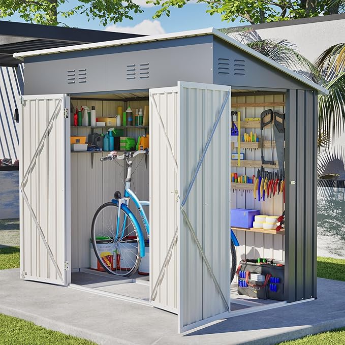 YOPTO 4x8 FT Outdoor Storage Shed with Floor Frame,Metal Shed W/Left/Right Optional Lockable Door,Heavy-Duty Garden Tool Storage House W/ 4 Air Vents & Sloping Roof,for Backyard,Patio,Lawn,Gray