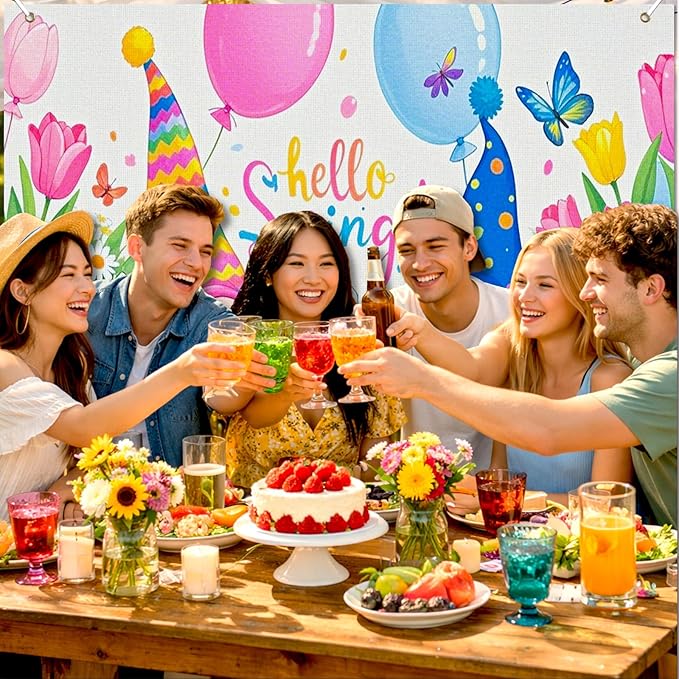 BlissYard 8x6ft Spring Gnome Garden Backdrop Hello Spring Photo Background Colorful Floral Party Banner Cute Cartoon Scene for Easter Baby Shower Birthday Classroom Event Photography Decoration