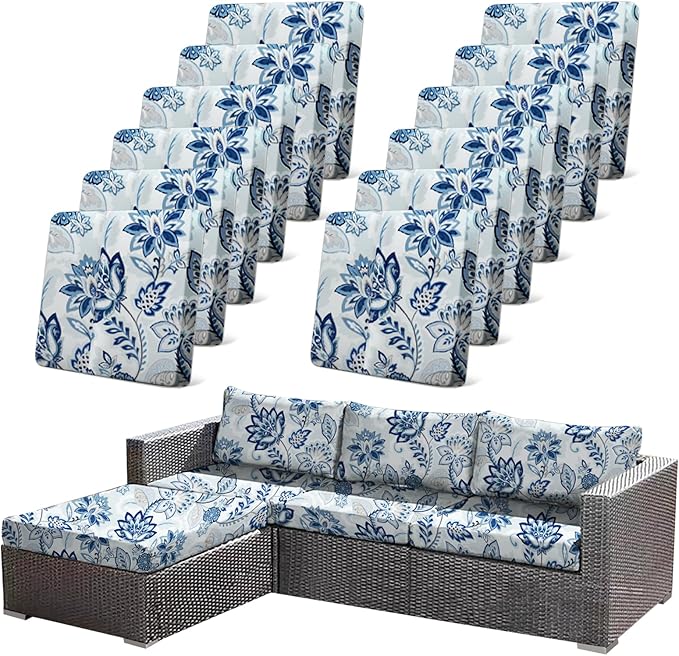 CALBODE 12pcs Floral Printed Stretchy Sofa Cushion Covers for Outdoor Furniture, Sofa Seat Replacement Cover, Flexible Chair Cushion Cover for Porch Garden Furniture Protection(Cover Only)