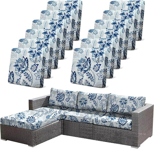 CALBODE 12pcs Floral Printed Stretchy Sofa Cushion Covers for Outdoor Furniture, Sofa Seat Replacement Cover, Flexible Chair Cushion Cover for Porch Garden Furniture Protection(Cover Only)