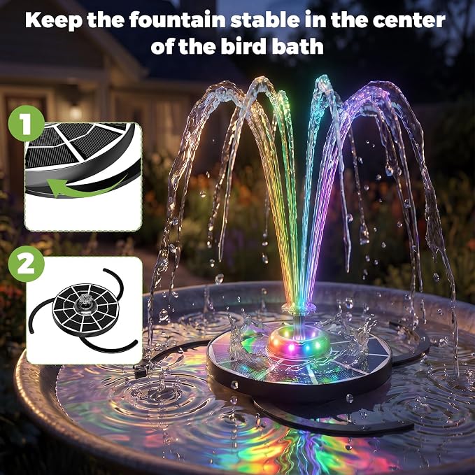 AISITIN 4W Solar Fountain with Lights, Chargeable Solar Bird Bath Fountains Built-in 2200mAh Battery, 2026 Upgrade Glass Panel Solar Water Pump for Bird Bath, Garden, Pond, Pool, Fish Tank, Aquarium