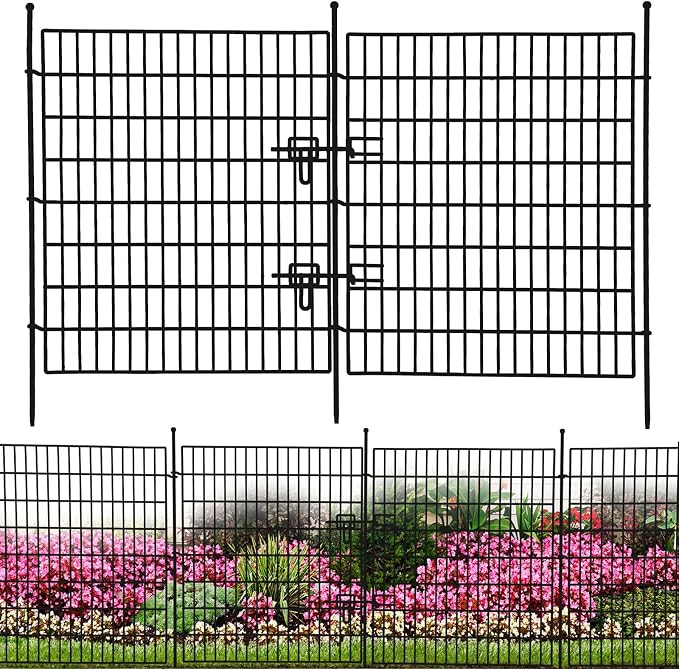 GarveeTech 15 Panels No Dig Garden Fence with Gate,32 in (H) x 35.4 ft (L), Garden Fences and Borders,Rustproof Metal Animal Barrier Ground Stakes Fencing for Garden, Patio, Flower Bed