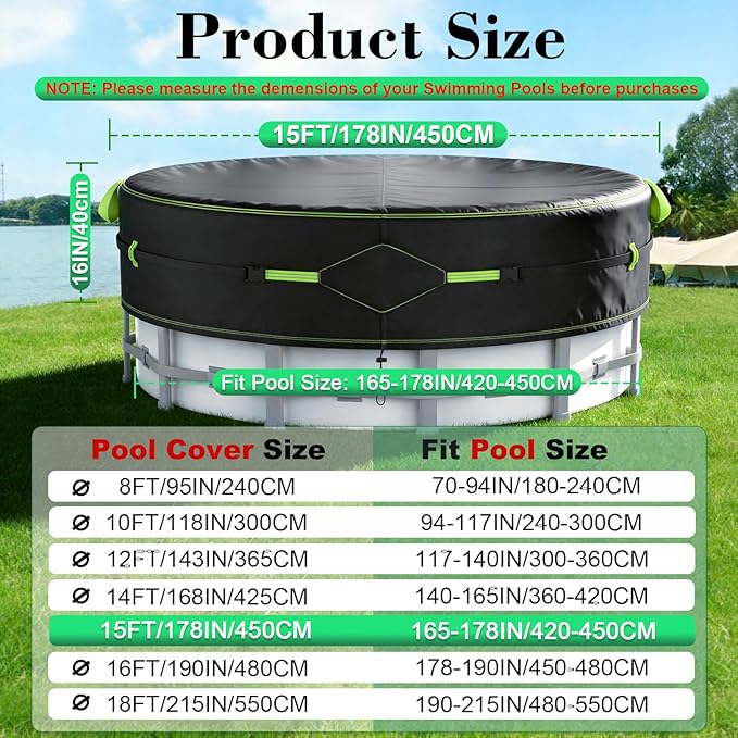 15Ft Round Pool Cover for Above Ground Pools, Safety Solar Pool Covers with Reflective Strips, Rope and Luminous Nails, Upgraded Thicker Oxford, PU Tarp Snug, UV Protected, Windproof, Tear Resistant