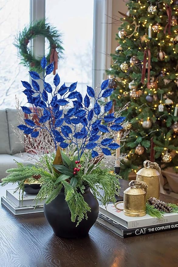 25.6" Christmas Blue Glitter Leaves Stems, 5Pcs Artificial Leaf Spray Leaf Picks Tall for Christmas Tree DIY Xmas Wreath Garland Arrangment Vase Bouquets Table Centerpieces Decoration Home Decor