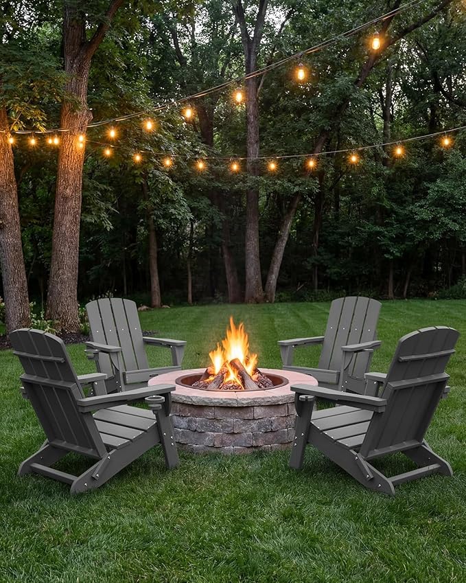 Folding Adirondack Chair, HDPE All-Weather Fire Pit Chairs, Plastic Adirondack Chairs with 2 Cup Holder, Outdoor Lawn Chair for Patio Garden (Grey)