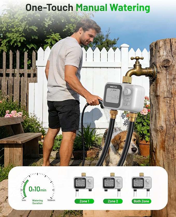 [All-New 2027] 2 Zone Ball Valve Sprinkler Timer Brass Inlet, Low-Pressure Starts at Zero Pressure, Unistyle Water Timer for Garden Hose, Rain Delay, Manual Control, Automatic Irrigation Hose Timers