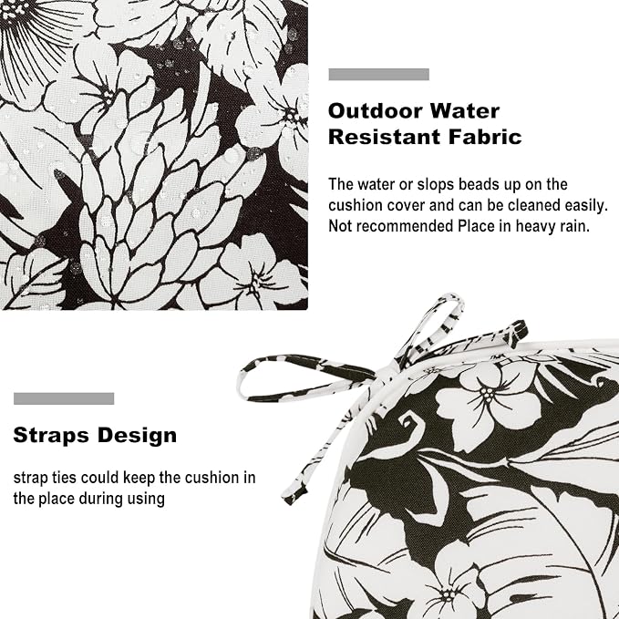 DYTXIII Set of 4 Outdoor Chair Cushions with Ties,Water Repellent Patio Chair Pads 17"x 16" for Outdoor Furniture,Round Corner Seat Cushions for Garden Yard Kitchen Tropical Blossom Noir